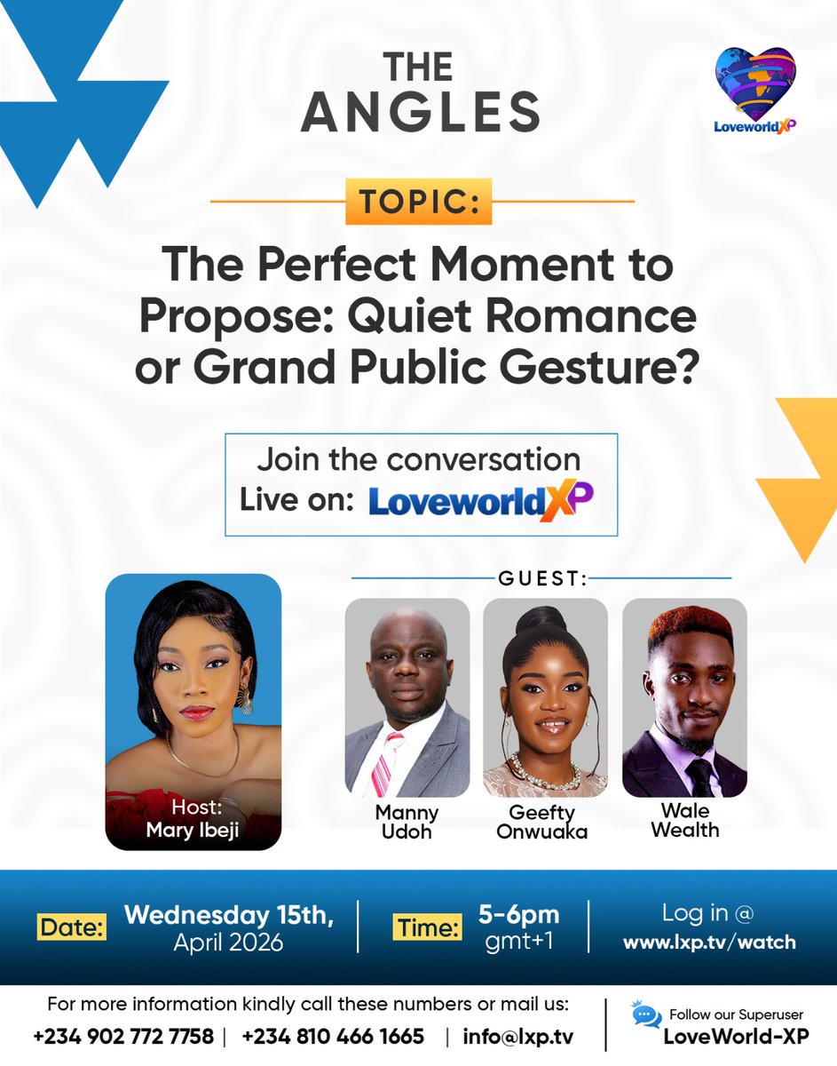 loveworldxp's tweet photo. 💥💍BIG QUESTION ALERT!💍💥
Perfect proposal = private moment 🤫 or public spectacle🎉?
🎙️Catch THE ANGLES LIVE—let’s talk love, vibes & real choices!💫
📅 April 15th | ⏰ 5–6PM
📺 Watch👉https://t.co/aMr9L1pyhS
💬 What’s your pick? 👀
#TheAngles #LXP #LoveDebate #TrendingNow https://t.co/CeNXUwBB23