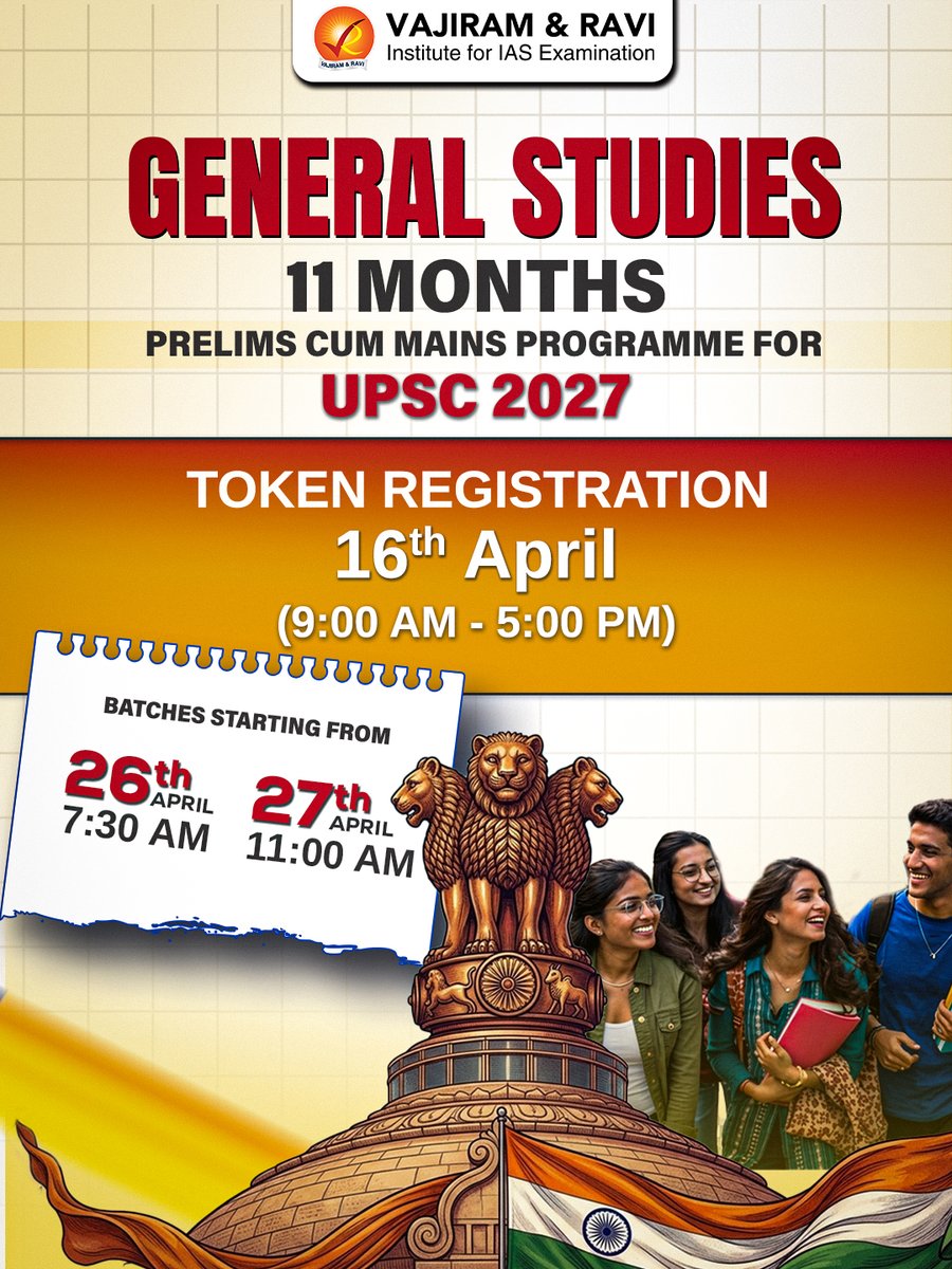 VajiramRavi's tweet image. Willing to start your preparation for a career in public service? The foundation forms the basis of your preparation. 

Payment Date: 23rd April 2026.

For More Information: docs.google.com/forms/d/e/1FAI…

#UPSC2027 #UPSCPreparation #IASPreparation #GeneralStudies #UPSCCoaching