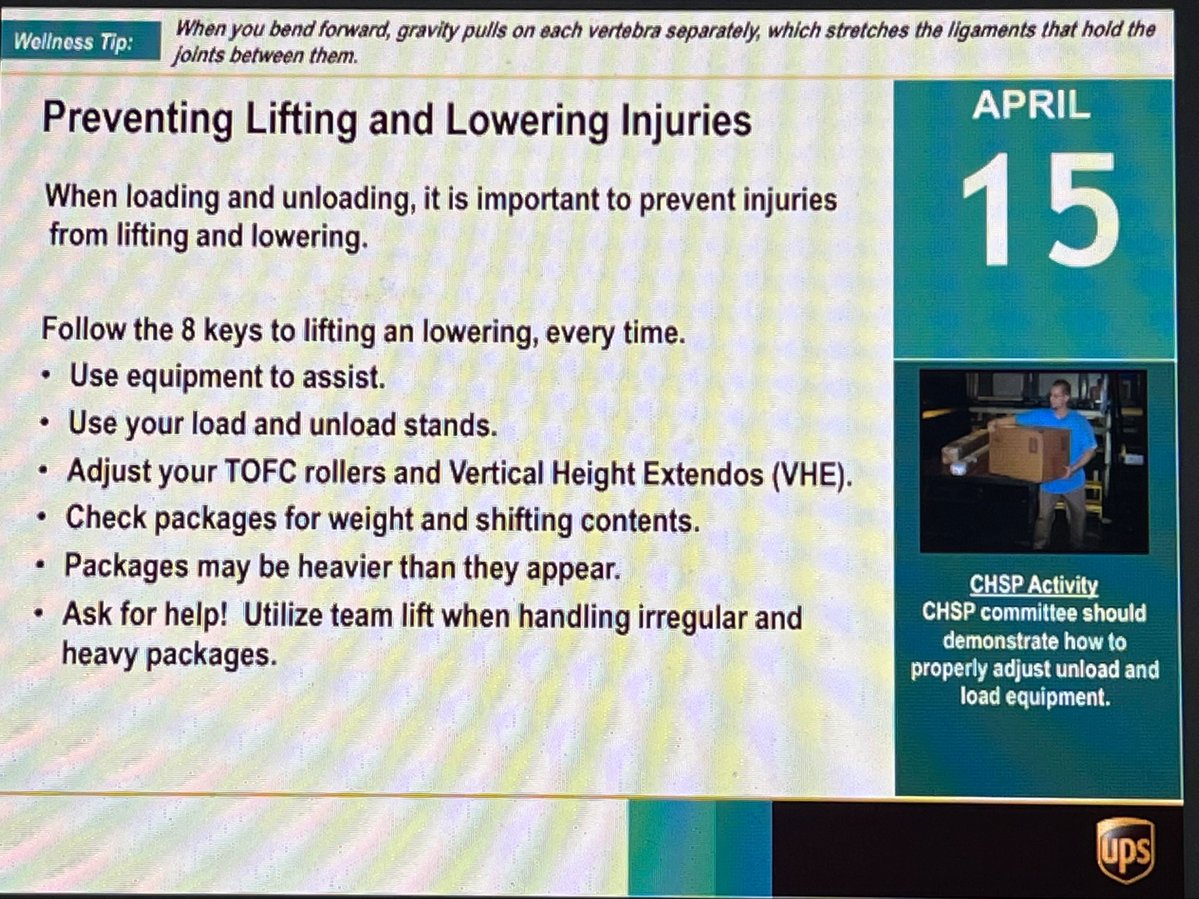 okc_preload's tweet image. Good Wednesday #OKC #Preload #PCM is over Lift/Lower 🤔 Do you know the #8keys 
1️⃣Get close
2️⃣Position feet.
3️⃣Bend knees
4️⃣Test weight
5️⃣firm grip
6️⃣Lift smooth
7️⃣pivot
8️⃣Use equipment/get help
#UPS