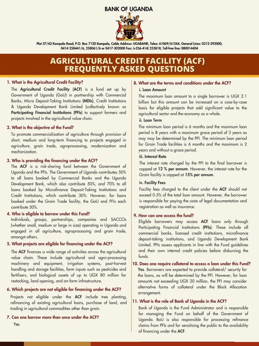 BOU_Official's tweet photo. Did you know?
The Agricultural Credit Facility (ACF) supports a wide range of activities across the agricultural value chain, from machinery and irrigation systems to post-harvest storage, farm inputs and selected biological assets.

It can also support land opening and on-farm infrastructure, helping eligible farmers, agribusinesses and other value chain players invest in productivity and growth.

See the FAQs for more, and visit https://t.co/BUh6tPjxkE
 for additional information.

To learn how to access the ACF, contact Bank of Uganda or your commercial bank.

#BOUConnects
