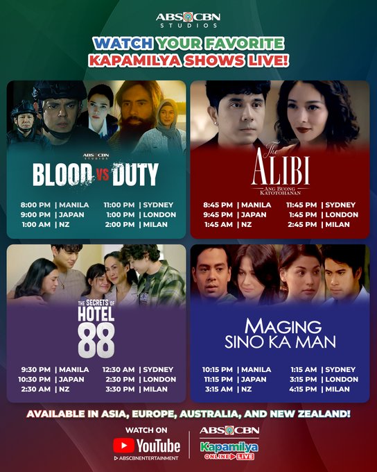 PaPiPh50823's tweet image. Walang aatras sa mga hamong haharapin sa #PrimetimeBida! 🫵
 
Watch #BloodVsDuty, #TheAlibiAngBuongKatotohanan, #TheSecretsofHotel88, and #MagingSinoKaMan, LIVE on #KapamilyaOnlineLive! 🤩
