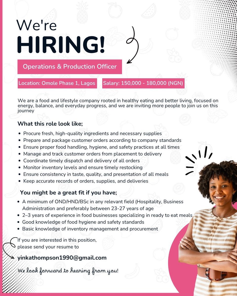 HIRING!!!

OPERATIONS &amp; PRODUCTION OFFICER

JOB DESCRIPTION 

•Oversee the day-to-day operations of the business

•Procure fresh, high-quality ingredients and necessary supplies

•Prepare and package customer orders according to company standards

•Ensure proper food