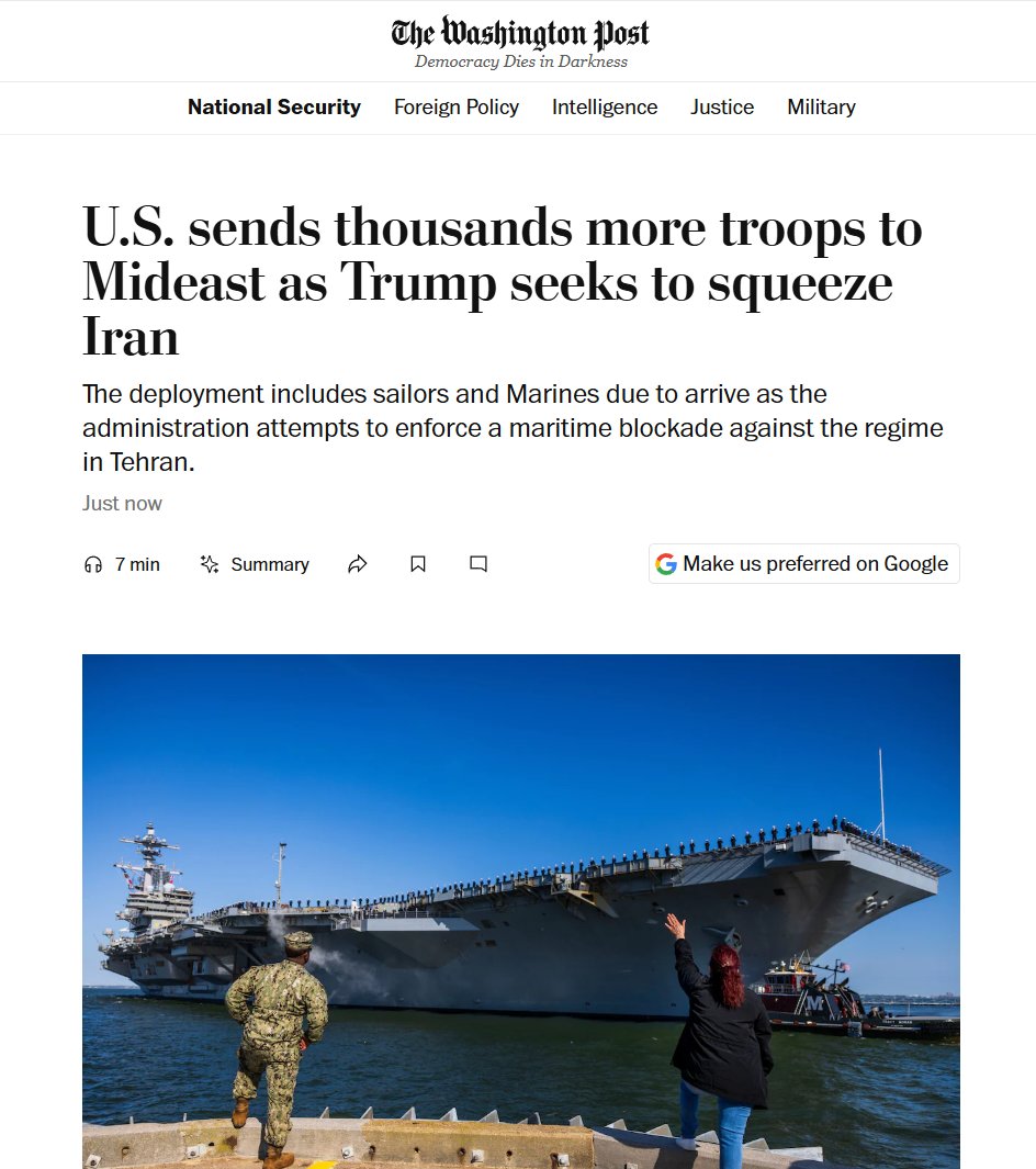 据华盛顿邮报报道，五角大楼正向中东增兵10000名。

1）约6000名：随“乔治·H·W·布什号”航空母舰及其护航编队部署，预期未来几天将抵达。

2）约4200名：来自“拳击手号”两栖戒备群以及第11海军陆战队远征部队，预计于本月底抵达。

特朗普明修栈道暗渡陈仓，表面上推进谈判，实际上不断增兵拥战！