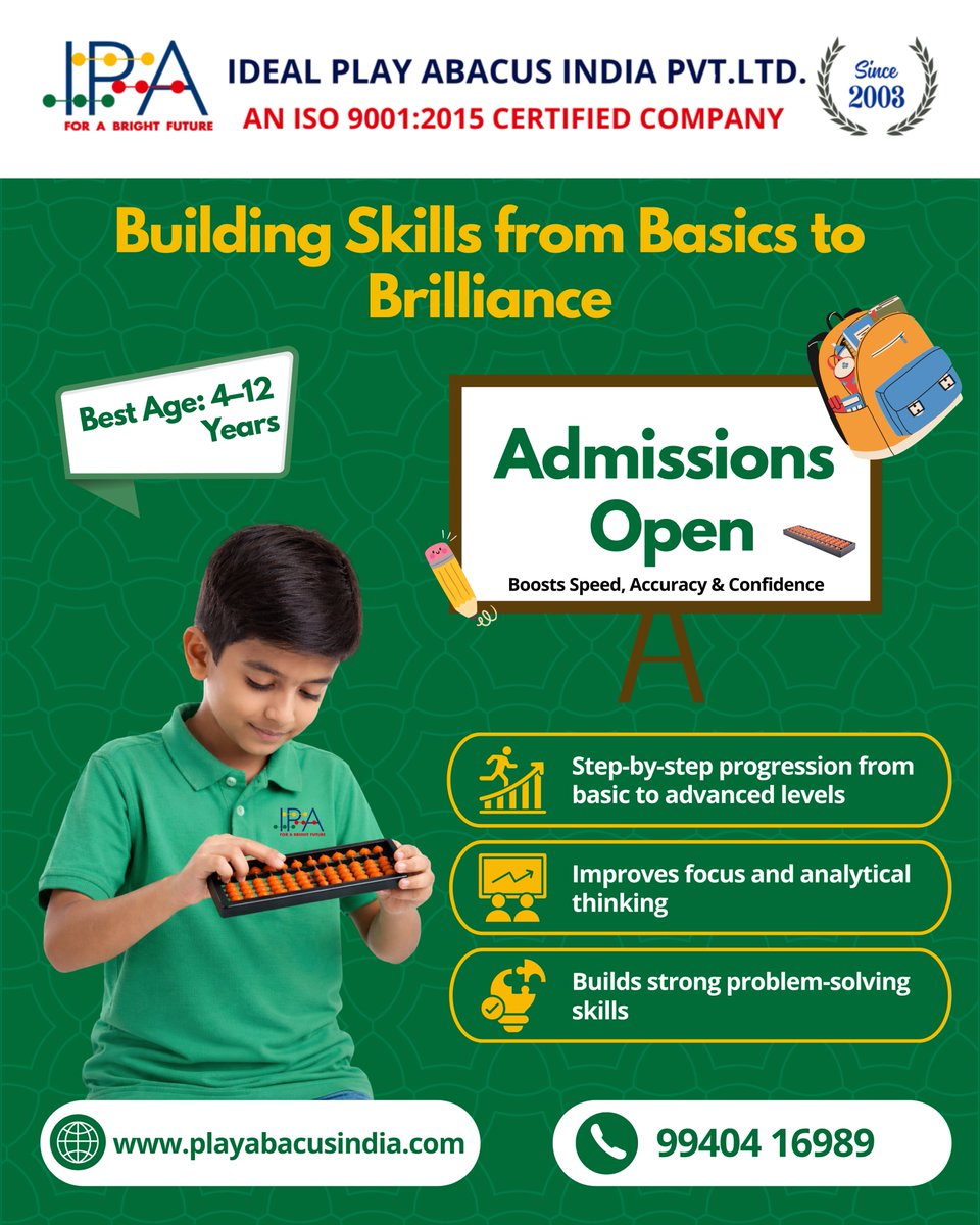 PlayAbacus's tweet image. Want your child to focus better &amp;amp; solve faster?
🎓 Admissions Open
📞 99404 16989
🌐 playabacusindia.com
Our Abacus Program (4–12 yrs) helps kids:
✔ Think smarter
✔ Improve accuracy
✔ Build confidence
#Abacus #KidsLearning #BrainDevelopment