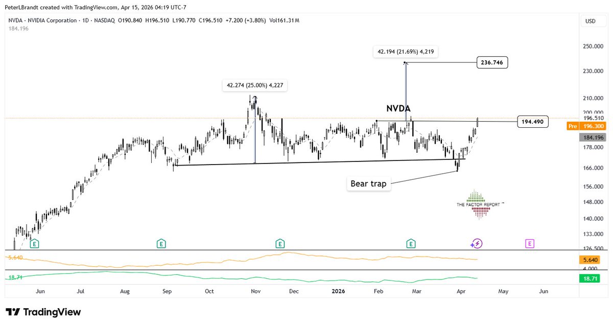 PeterLBrandt's tweet image. $NVDA is a textbook example of the H&amp;amp;S pattern with a target now equal to the height of the H&amp;amp;S projected upwards from the right shoulder high.
