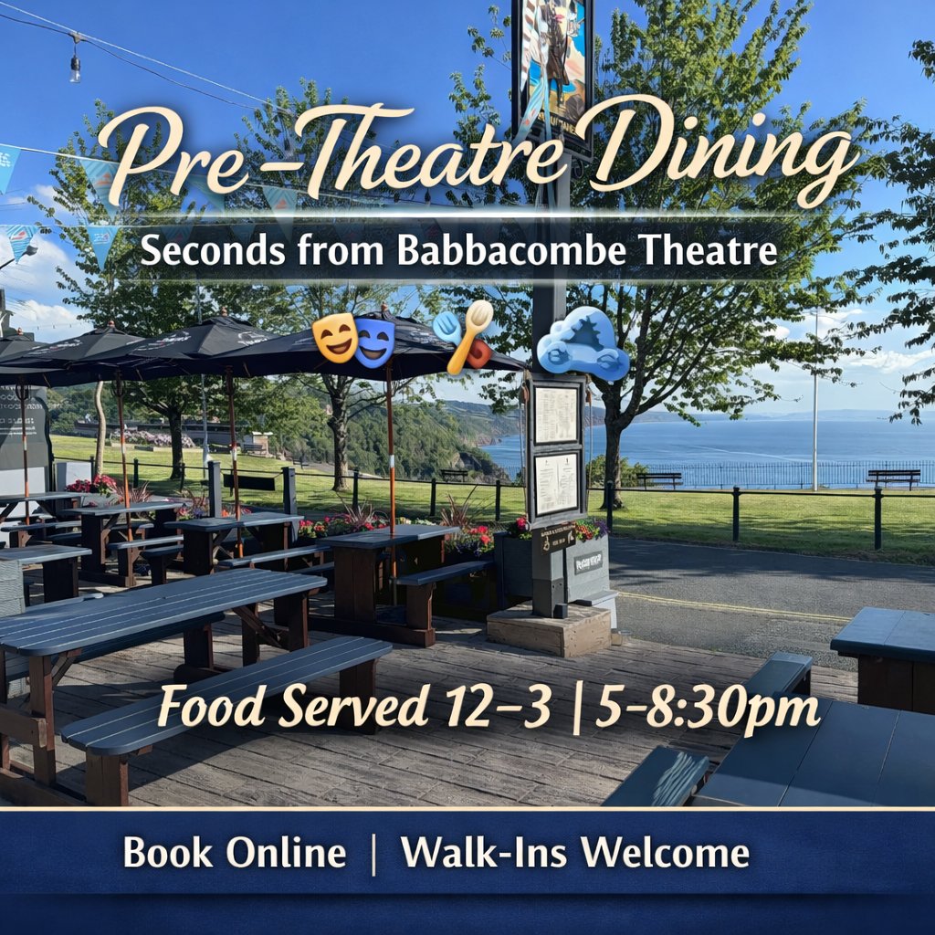thebuccaneerinn's tweet image. 🎭 Heading to @BabbacombeThtr this week?

Make a night of it at The Buccaneer Inn 🌊
🍽️ Pre-theatre dining just seconds away
Food served today:
🕛 12–3pm
🌙 5–8:30pm

👉 Book: thebuccaneerinn.co.uk
🚶 Walk-ins welcome
#Babbacombe #Torquay #PreTheatreDining