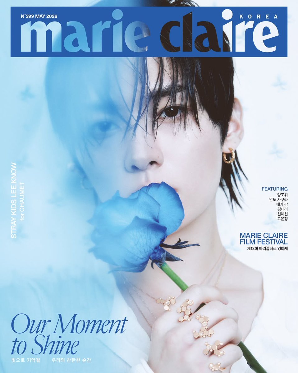 leeknowsaurus98's tweet image. Renowned chinese fashion blogger 
封面小主 Highlights LeeKnow’s fashion journey: 

Lee Know ｜ Marie Claire Korea (May 2026)

Right after appearing on the April double cover of NYLON Japan wearing Boucheron, he surprises again in May with a new collaboration with Chaumet for