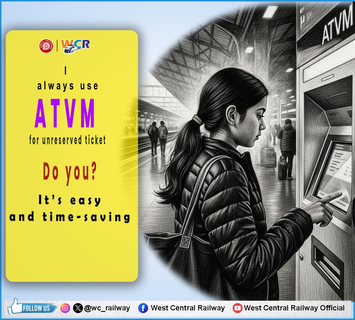 wc_railway's tweet image. Why wait in line? 
Get your unreserved ticket via ATVM
quick and hassle-free. 
#ATVM #IndianRailways #SmartTravel #TimeSaving