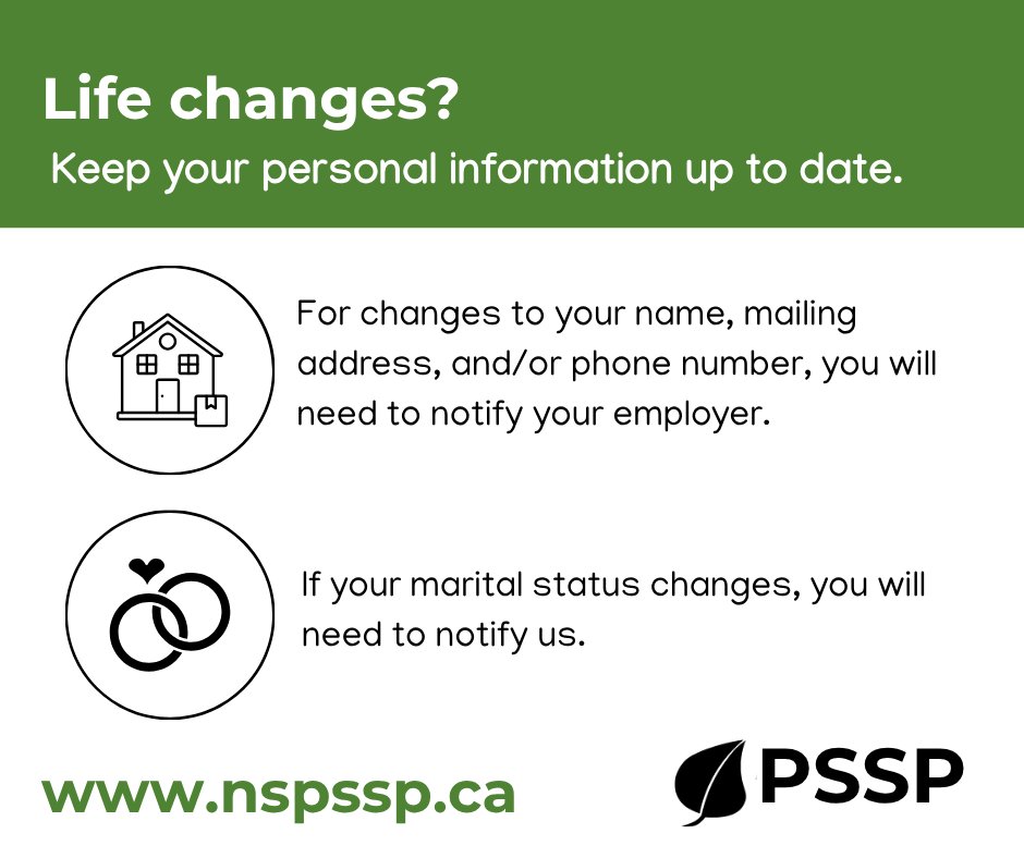 yourNSPSSP's tweet photo. Life changes? Keep your personal information up to date. If you are an active employee, please notify your employer of any changes to your name, mailing address, and/or phone number. If your marital status changes, please notify us. If you are a pensioner, please contact us directly to update any of your personal information. https://t.co/p6v8wjzHbY