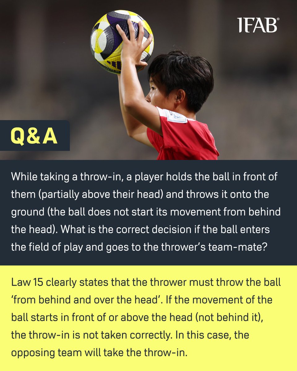 TheIFAB's tweet photo. While taking a throw-in, a player holds the ball in front of them (partially above their head) and throws it onto the ground (the ball does not start its movement from behind the head). 

What is the decision if the ball enters the field and goes to the thrower’s team-mate?

➡️ https://t.co/9yyvtWwpVl

Download the official app:
➡️ https://t.co/BwKFiVQuwn
➡️ https://t.co/jkJetKEFxU