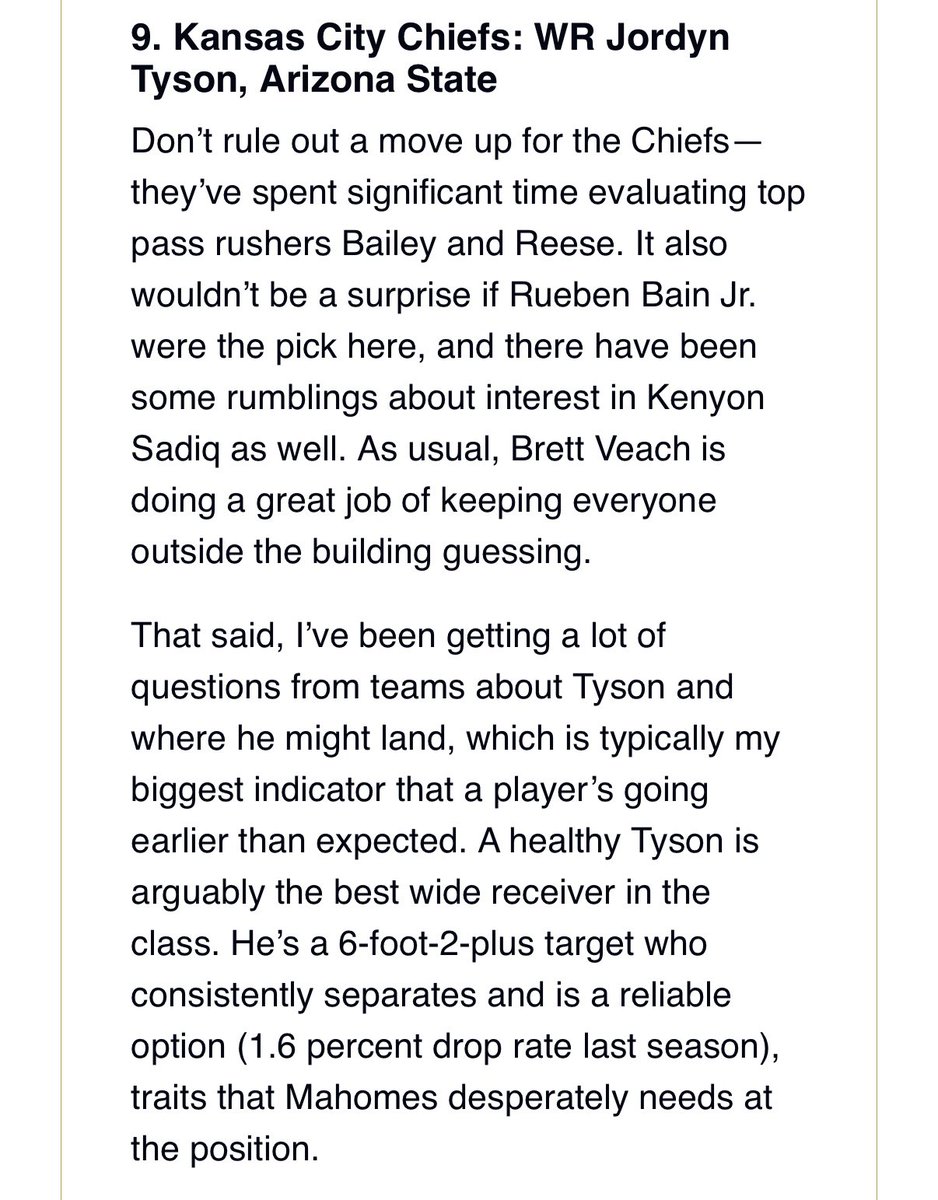 SleeperChiefsKC's tweet image. .@MelKiperESPN and @McShay13 have both released their NFL Mock drafts this morning gathering all intel from around the league.

Both have the #Chiefs taking ASU WR Jordyn Tyson at the 1.09 and UT CB Colton Hood at 1.29.

Kansas City has reportedly been “intrigued” with Tyson.