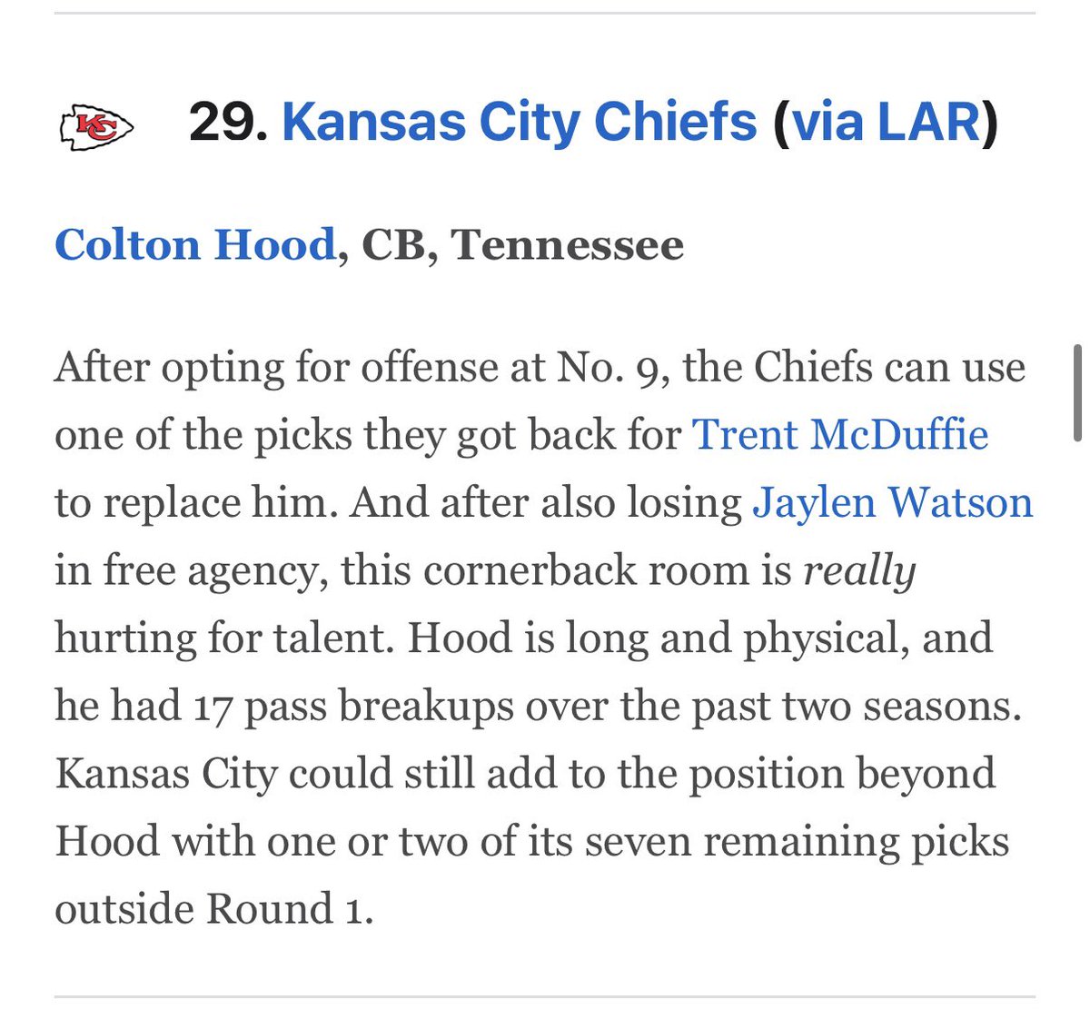SleeperChiefsKC's tweet image. .@MelKiperESPN and @McShay13 have both released their NFL Mock drafts this morning gathering all intel from around the league.

Both have the #Chiefs taking ASU WR Jordyn Tyson at the 1.09 and UT CB Colton Hood at 1.29.

Kansas City has reportedly been “intrigued” with Tyson.