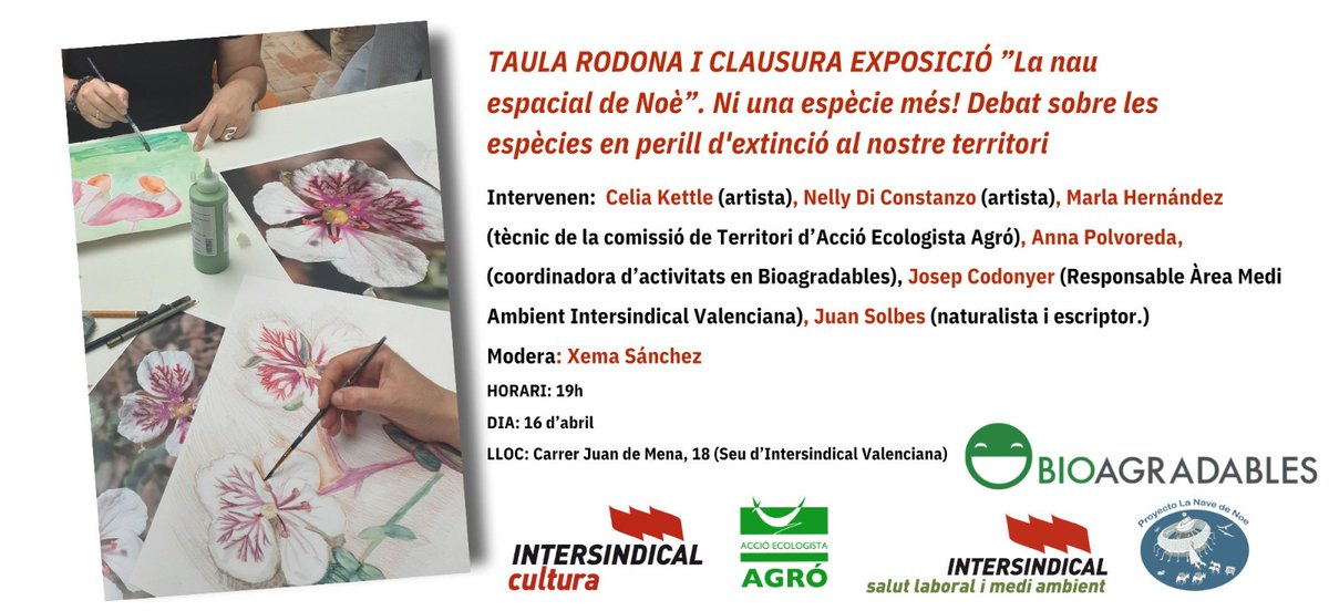 CULTURAIV's tweet photo. Taula rodona d’art i biodiversitat.
Partint de l'exposició col·lectiva "La Nau Espacial de Noè" dialogarem sobre les espècies en extinció en el nostre territori. Un debat sobre biodiversitat més necessari que mai en el que intervendran diferents ponents i entitats. https://t.co/0kscfqFeZF
