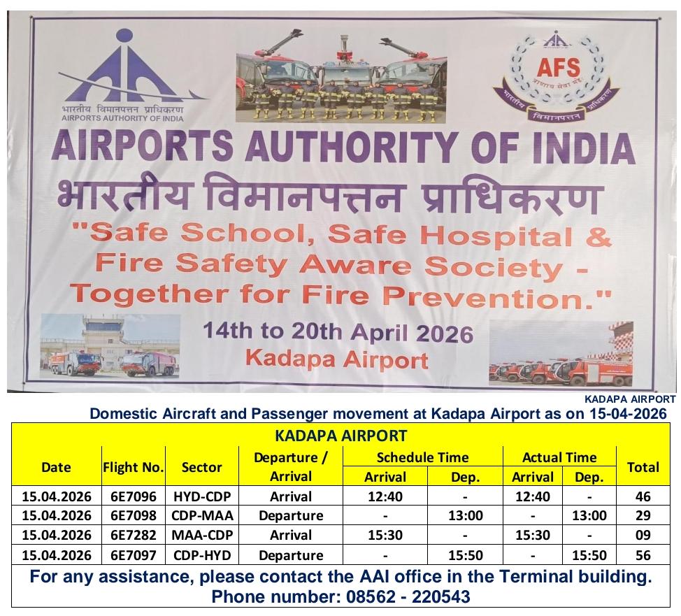 Domestic Aircraft and Passenger movement at Kadapa Airport as on 15-04-2026