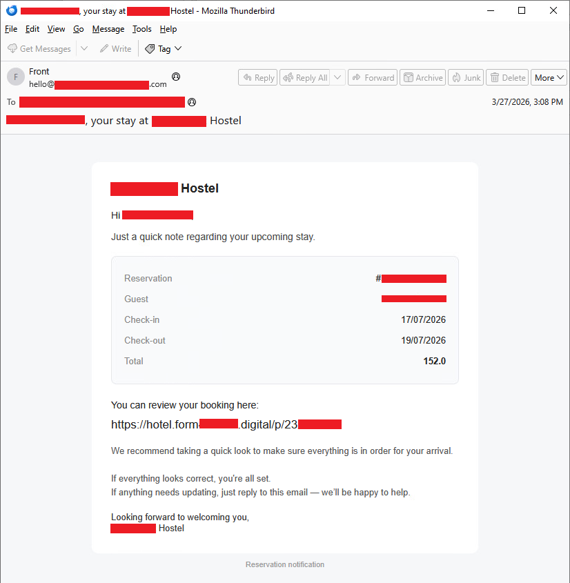 GenThreatLabs's tweet photo. https://t.co/ecjQDDOlzR is notifying affected users that some reservation data was accessed by unauthorized parties and that reservation PINs are being reset.

Those alerts are real.

At the same time, we are detecting reservation hijack scams that take advantage of real booking data, as in the screenshot here. No obvious red flags, no generic message, just the right hotel, the right dates, the right amount, and a link that feels like part of the normal booking flow.

That is exactly why these scams work.

Do not trust the message alone. Verify through the official website, app, or your original confirmation.

More details in our blog:
https://t.co/6FqCYiipXT