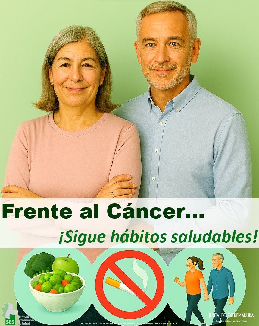 SaludPublicaExt's tweet photo. CÁNCER – PREVENCIÓN

Hoy miércoles, 15.04.2026, recordamos algunas recomendaciones que ayudan a prevenir muchos tipos de cáncer:
- No fumar.
- Consumir frutas y verduras.
- Evitar el consumo de alcohol.
- Realizar ejercicio físico. https://t.co/n8Zc8tsnBZ