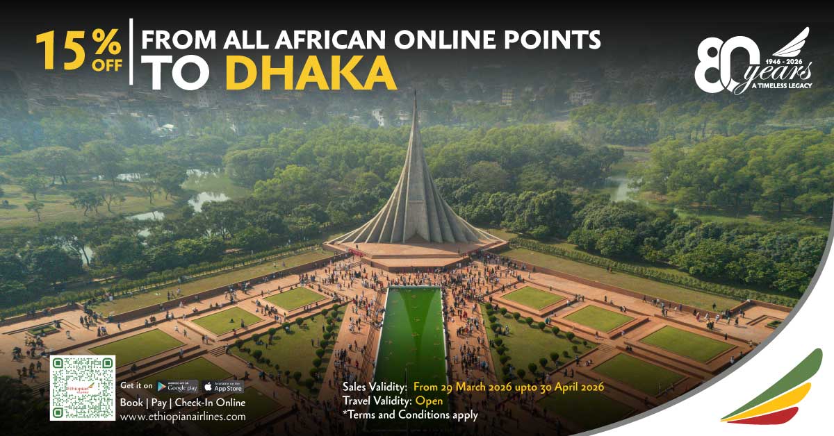 flyethiopian's tweet image. Discover the wonders of Dhaka with our exclusive 15% off on all African online points! This limited-time offer is available from March 29 to April 30, 2026. Don’t wait—book your journey now!

#FlyEthiopian #DiscountTravel #Dhaka