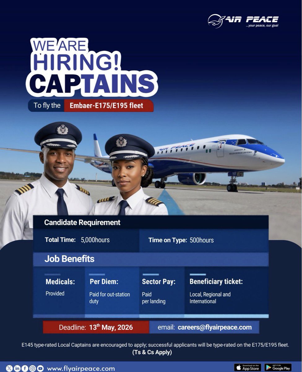 hannytalker's tweet image. RECRUITMENT ALERT!

VACANCY FOR E175/E190 CAPTAINS

THOSE OF YOU THAT CAN FLY PLANES, THIS IS FOR YOU.

I AM A FAST LEARNER AVOID THIS.

#BetterDealWithAirPeace #recruitment #aviation #Pilot #E195Pilot #E175Pilot #E145Pilot #jobs #hiring #recruiting #nowhiring #jobsearch #hr