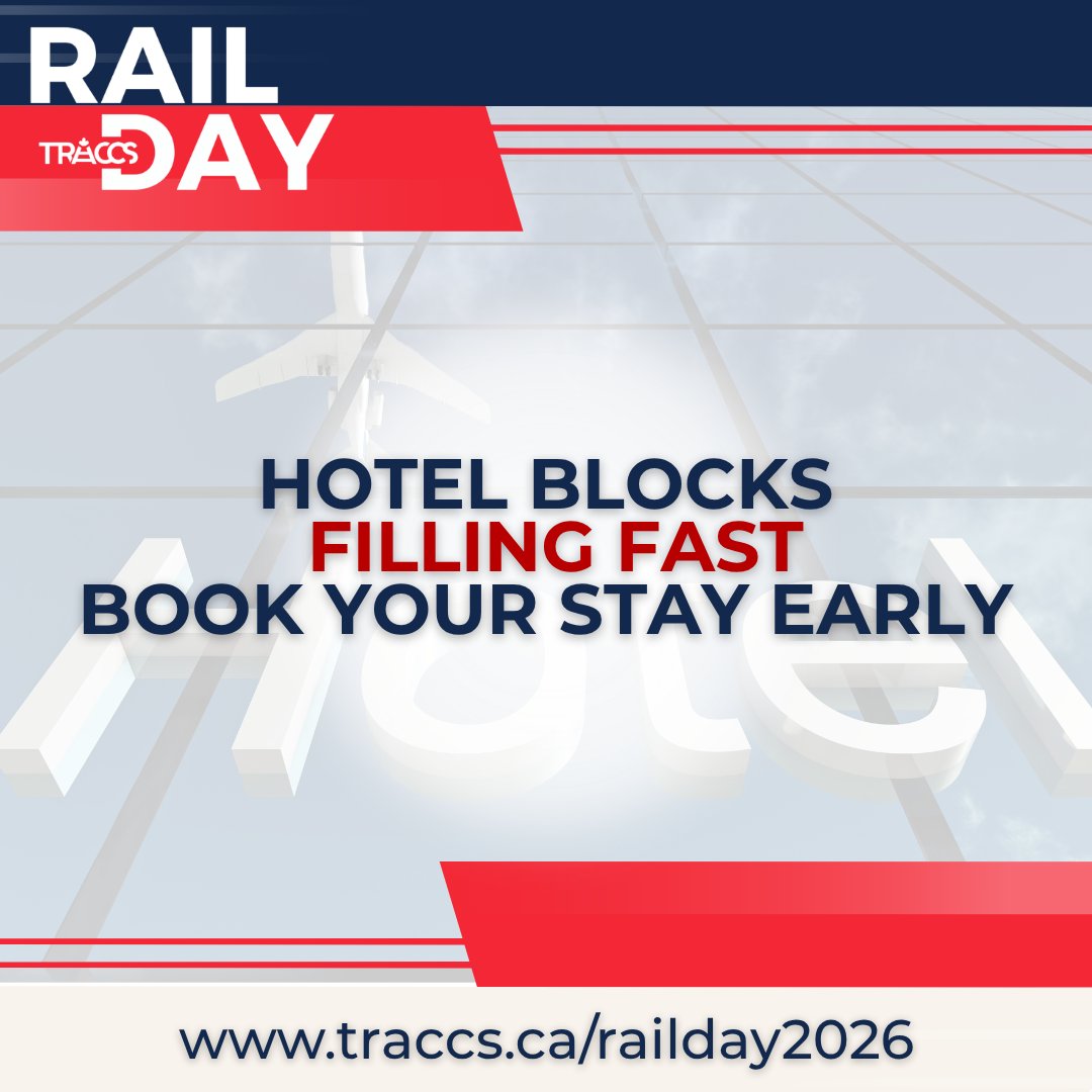 TRACCStransit's tweet image. Hotel blocks are filling up quickly.
We strongly recommend securing your accommodation early to ensure you’re close to the venue and able to make the most of both days at Rail Day.
🔗 Book your stay: traccs.ca/railday2026/ho… 
#RailwayIndustry #PassengerRail #RailEventsCanada