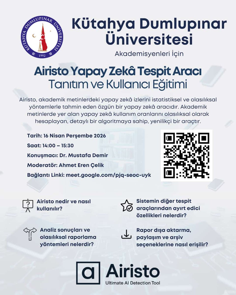 kutuphanedpu's tweet photo. Airisto Yapay Zeka Tespit Aracı Tanıtım ve Kullanıcı Eğitimi.
https://t.co/xSJUzpAnj6 https://t.co/G32ivUBltf