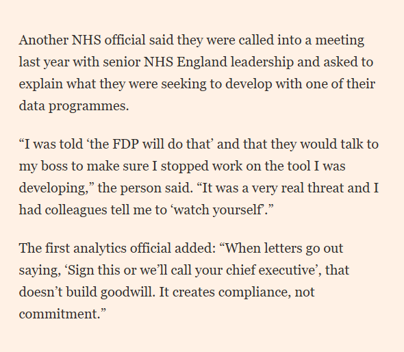 owenboswarva's tweet image. Senior NHS officials warned staff over criticising rollout of Palantir platform ft.com/content/ff7015… (£)

Federated Data Platform england.nhs.uk/digitaltechnol…

#NHSdata #datasharing #publicprocurement #govtech #opengov