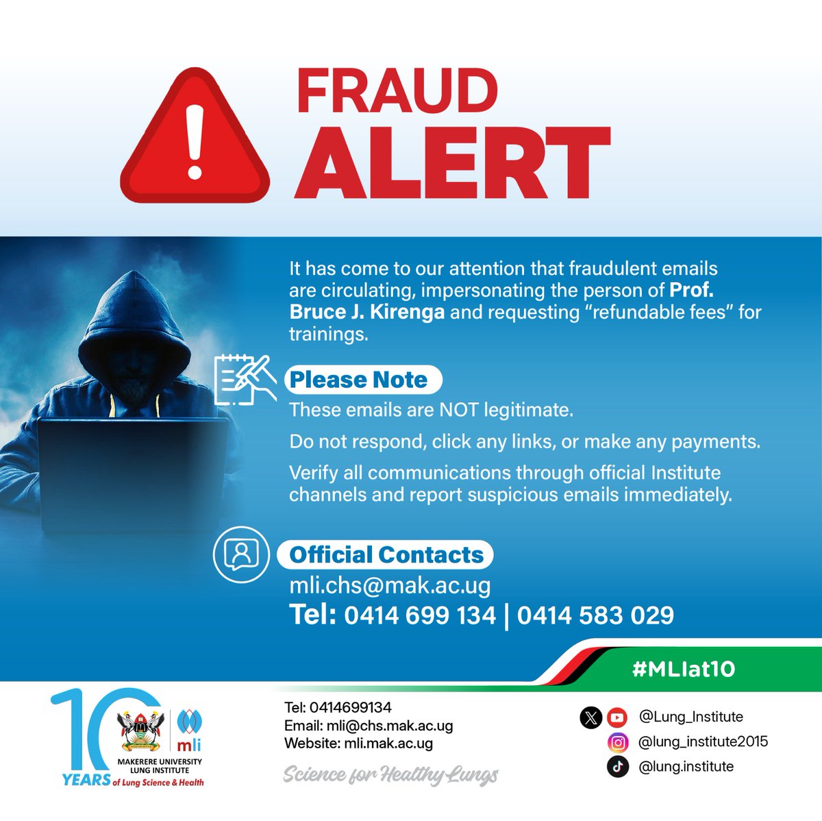 Lung_Institute's tweet photo. ๐จ PUBLIC ALERT โ FRAUD WARNING ๐จ
The public is strongly advised to be vigilant about a circulating scam involving the phone number +256 758 245718 and an individual identifying himself as Dr. Gideon Kintu.
This person is falsely impersonating Prof. Bruce J. Kirenga and fraudulently claiming to offer a โresearch opportunityโ in collaboration with reputable institutions. Victims are being asked to pay UGX 3,800,000 for a so-called refundable training, which is completely false.
โ IMPORTANT: There is NO such opportunity. This is a scam.
@brucekirenga @rkalyes1 @Hskyobe @MWayengera @Makerere @MinofHealthUG @winterzie @PoliceUg @UCC_ED @UCC_Official