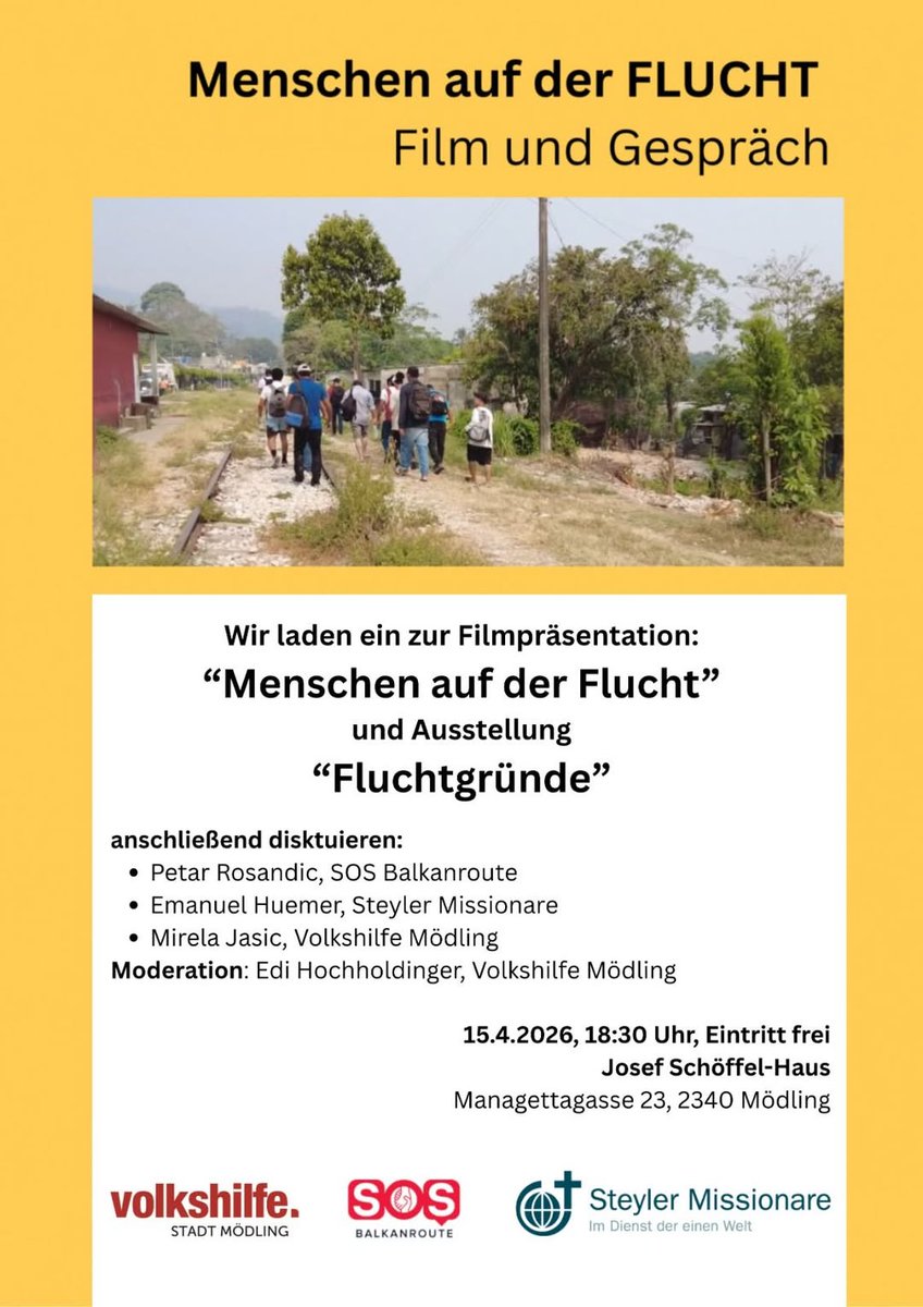 Heute in Mödling!

Filmvorführung „Menschen auf der Flucht“ und Ausstellung „Fluchtgründe“ ein. Anschließend diskutieren Expert:innen über Ursachen und Perspektiven von Flucht.

🗓 15.4.2026, 18:30
📍 Josef-Schöffel Haus, Managettagasse 23, Mödling