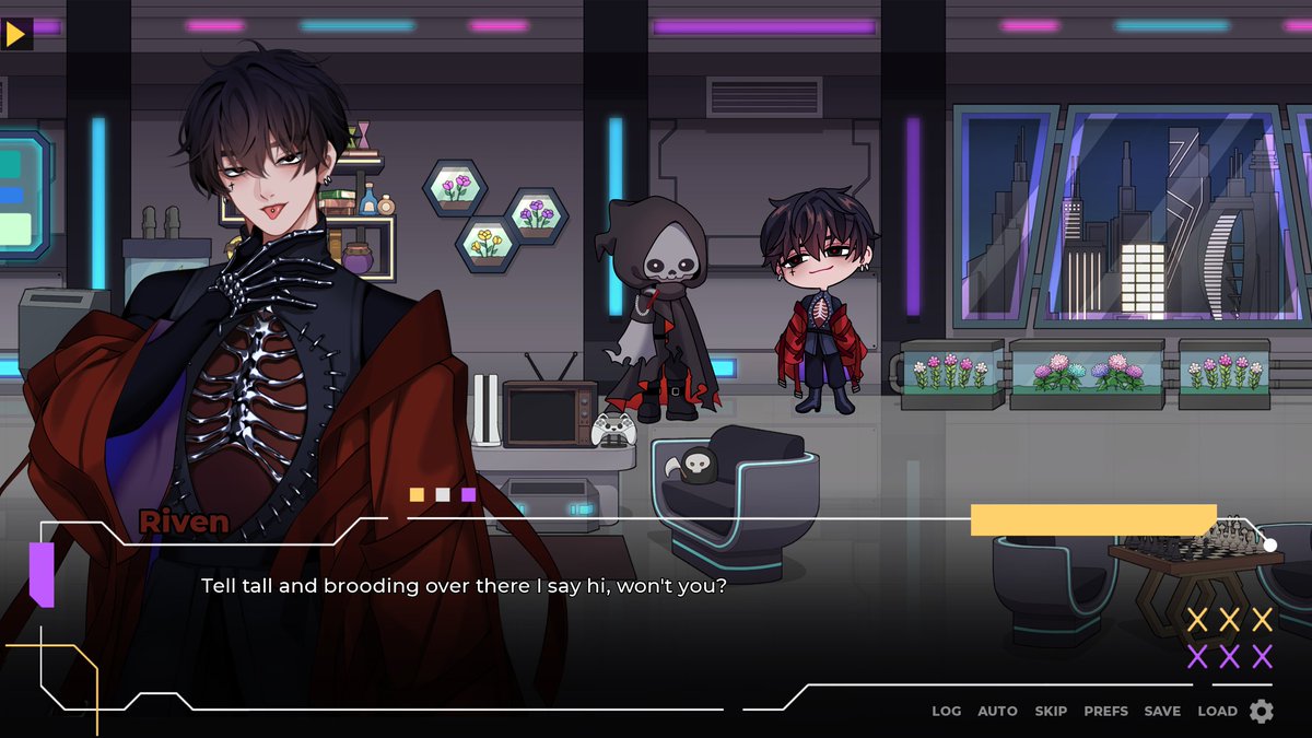Your social life is about to get a lot more complicated, newbie reaper...

A Date with Death 2: REMNANTS features a cast of side characters for you to meet.. and maybe bother, in some cases!

Riven’s one of them, and you can find him right now in the demo on Steam &amp; itchio 🥰