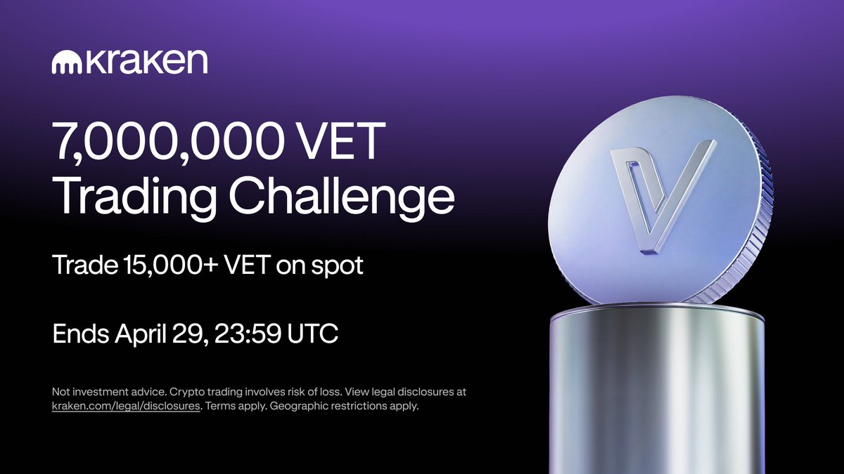 krakenlistings's tweet image. The 7,000,000 VET Trading Challenge is live

Trade VET on spot and earn from a 7,000,000 VET reward pool. Your rank determines your reward.

📱 Join today → proapp.kraken.com/114Z/vettradin…

Geographic restrictions and terms apply.