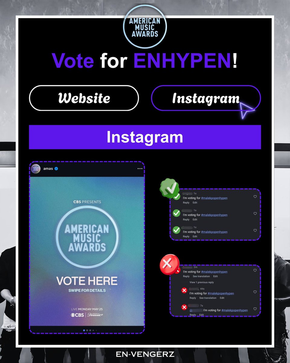 ENHYPEN's first nomination at the AMAs (American Music Awards) — Best Male K-Pop Artist category🏆

🗳️ 30 votes per category, per account.

🔗 Website: vote.theamas.com/best-male-k-po…
🔗 Instagram: instagram.com/p/DXHH2kplOBV/

ENGENEs, let's turn effort into something unforgettable✨