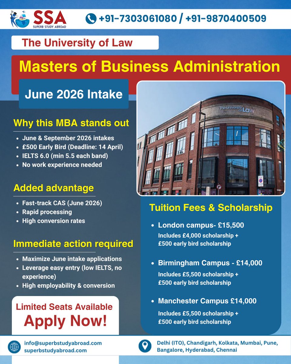 SuperbAbroad's tweet image. With the June 2026 intake, early bird scholarships, and no work experience required, this is the right time to secure your admission before seats fill up.
+91-7303061080 / +91-9870400509

#StudyAbroad #Scholarships #StudyVisa #SuperbStudyAbroad #GlobalOpportunities #juneintake