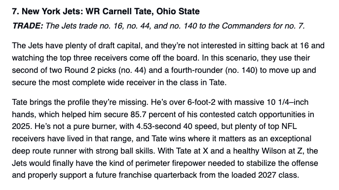 JakeAsman's tweet photo. Todd McShay joins the growing list of analysts predicting the Jets trade up to No. 7 with Washington for WR Carnell Tate…

👀 Is this really happening, Jets fans? https://t.co/CWLOO2XNgn