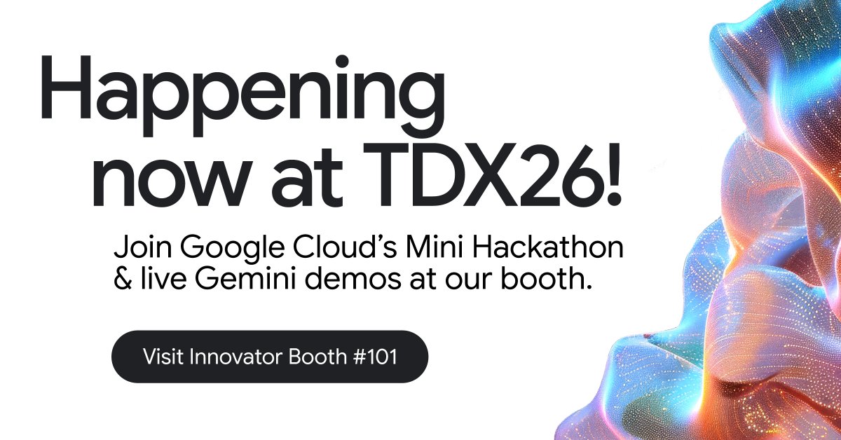 Dreamforce's tweet image. Happening now at #TDX26! Experience the latest in AI at @googlecloud's Mini Hackathon and visit Innovator Booth #101 to watch live Gemini demos and get a Google Cloud hat. #sponsor