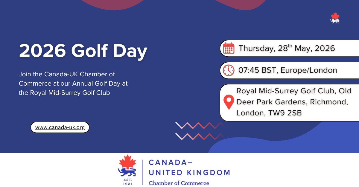 CanadaUKChamber's tweet image. ⛳ No Masters here, just masterful networking!

Join the Canada-UK Chamber of Commerce at our Annual Golf Day at the Royal Mid-Surrey Golf Club

📅 28.05.2026
🕕 07:45-16:00
📍 Royal Mid-Surrey Golf Club,  TW9 2SB
🔗lnkd.in/dnWm5xHM

#golfday #golf #masters #Canada #UK