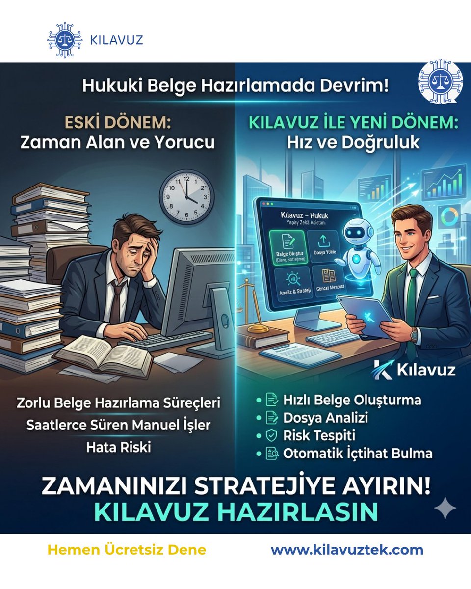 Avukatlık mesleğinin en zaman alan ve yorucu süreçlerinden biri olan belge hazırlama aşamasını Kılavuz – Hukuk Yapay Zekâ Asistanı ile dakikalara indirin.

Kılavuz, bir hukukçunun en önemli dijital yardımcısı olarak yanınızdadır.