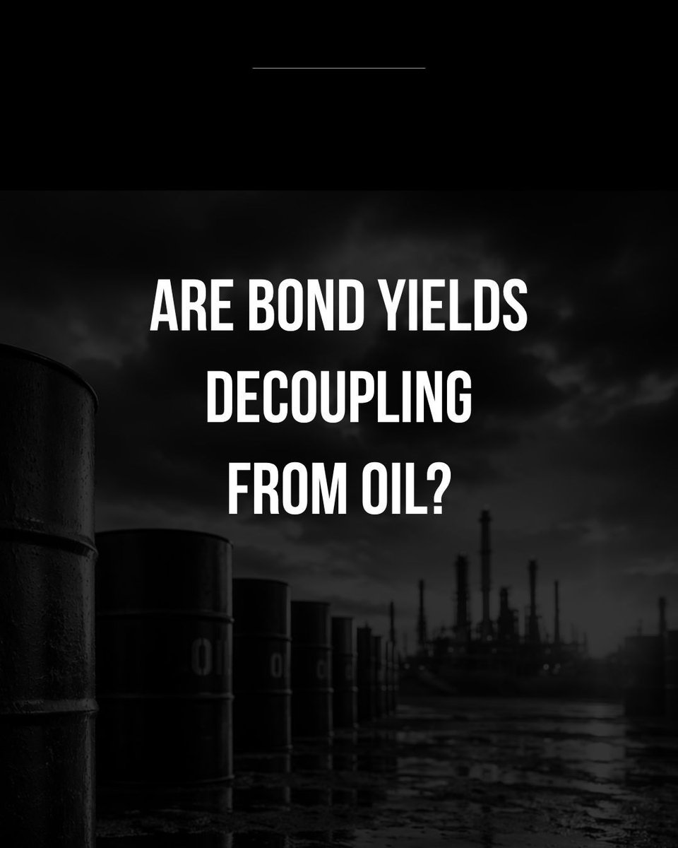 bdafhedge's tweet photo. Are bond yields decoupling from oil?

4 oil spikes since the Iran War. First 3 times, yields followed oil higher.

The 4th time? Oil surged. Yields fell.

First non-reflexive move we've seen. The bond market may be pricing oil as deflationary.

Full analysis on the blog 🔗 https://t.co/w2taTpbECk 

#Macro #Bonds #OilPrices