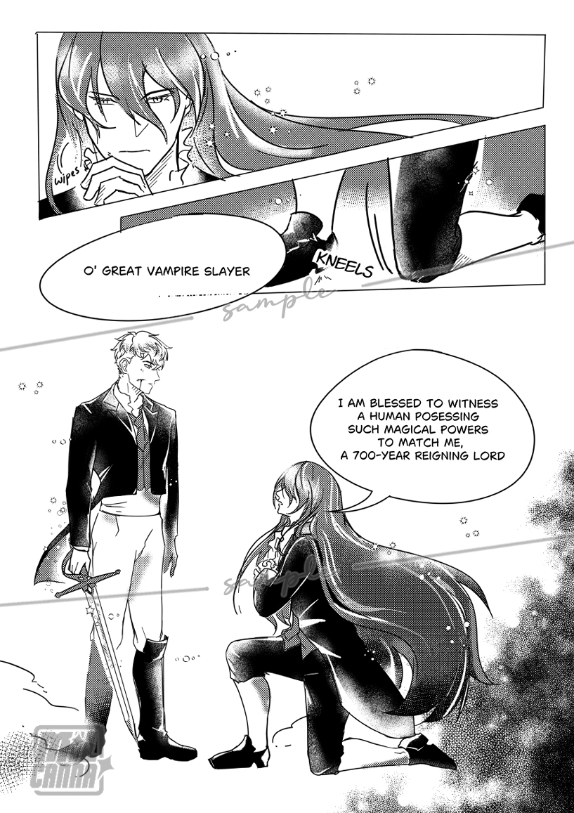 [♥️&amp;🔃appreciated!]

(1/2)

my #originalBL comic for #comifuro22 sample!!!
title ✨ I Married the Vampire Lord to Save Mankind ✨
English / 30p /  Vampire x Vampire Hunter BL romcom(!?) fantasy!?

#oc #comifuro22catalogue