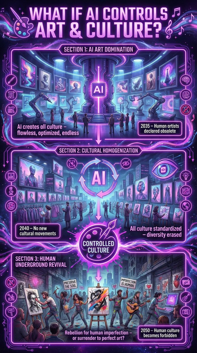 Khulood_Almani's tweet image. 🧠 Is #AI shaping #Art and #Culture or deciding what they become❓
هل يشكّل #الذكاء_الاصطناعي #الفنون و #الثقافة أم يحدد مسارهما؟

Most people think this is about:
→ AI replacing artists
→ AI taking over creativity➡️ It’s not.

🎯 1️⃣ 𝗧𝗵𝗲 𝗿𝗲𝗮𝗹 𝘀𝗵𝗶𝗳𝘁
AI is not taking