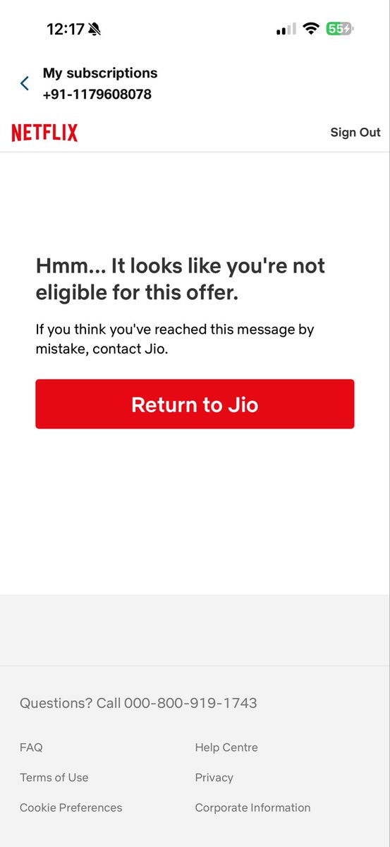 anilesh196's tweet photo. @JioCare 
I am not able to activate the Netflix from your MyJio App it is showing that I am not eligible!

I have been following up with your customer care, emails and even a technician visited my home but what they can do?

I need resolution ASAP! https://t.co/phmCQXrFAP