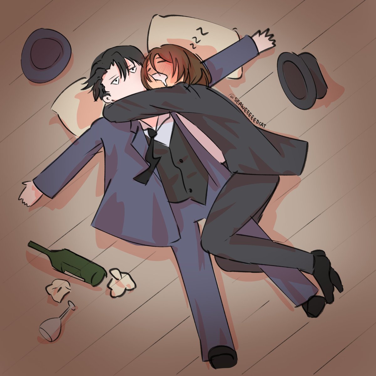 Wine + Cuddling :3

(Translation: "I'm begging you, stop pouring, I really can't drink anymore")

#RivaereriSpringBlooms26 #rivaereri #rivaere #ereri #リヴァエレ