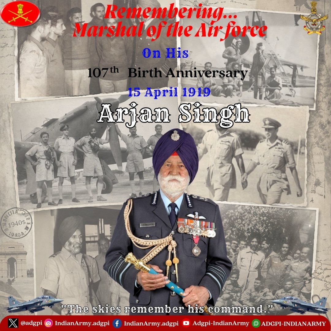 adgpi's tweet image. Remembering the Legend…

The #IndianArmy pays tribute to the Marshal of the Air Force Arjan Singh, DFC, on his 107th Birth Anniversary. The first Five-Star officer of the #IndianAirForce, his exemplary leadership, valour and unwavering dedication to the Nation continue to