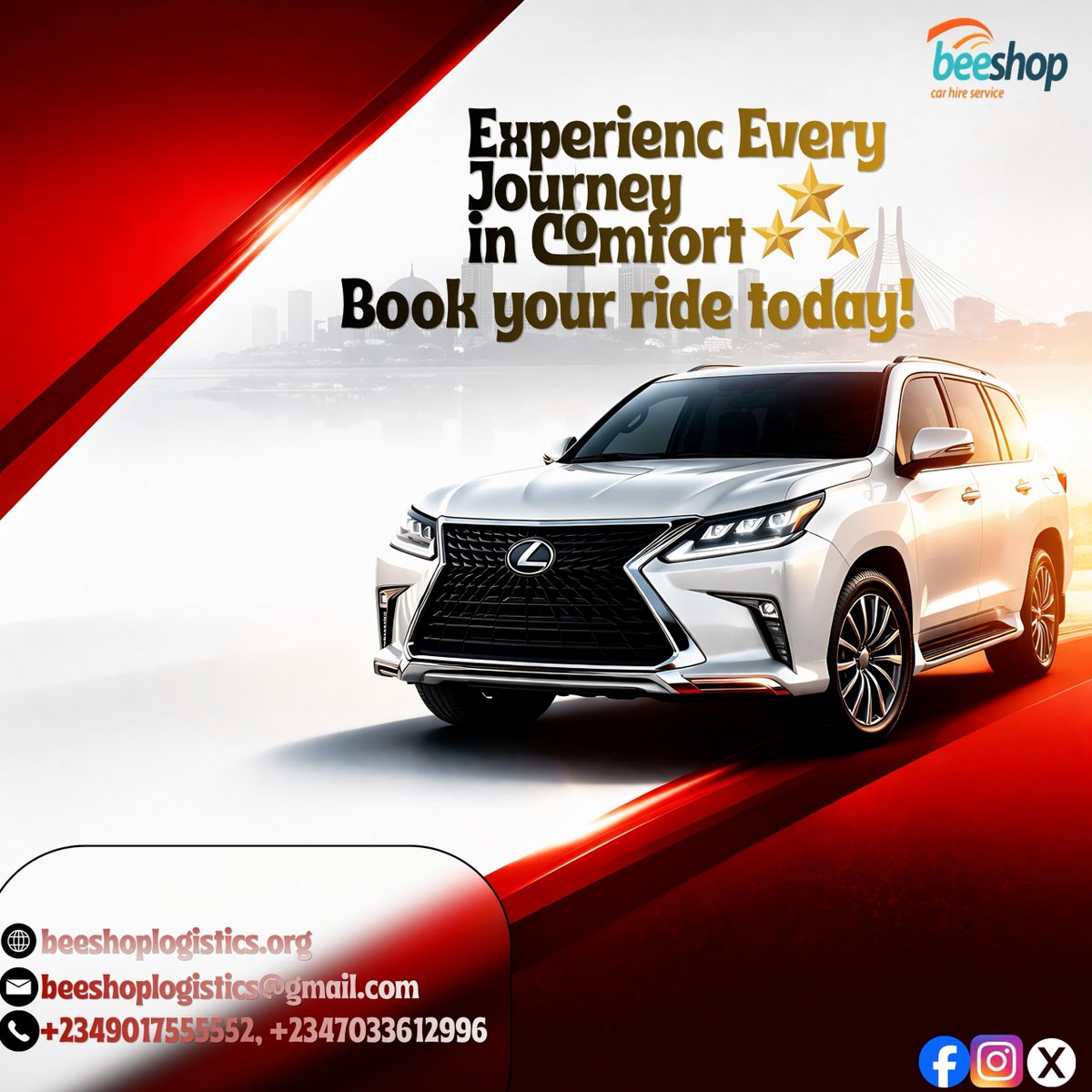 beeshoplogistic's tweet photo. Comfort in every mile, ease in every moment. Experience journeys the way they should be. Book your ride today with Beeshop Logistic! https://t.co/hjfSzvqcQN