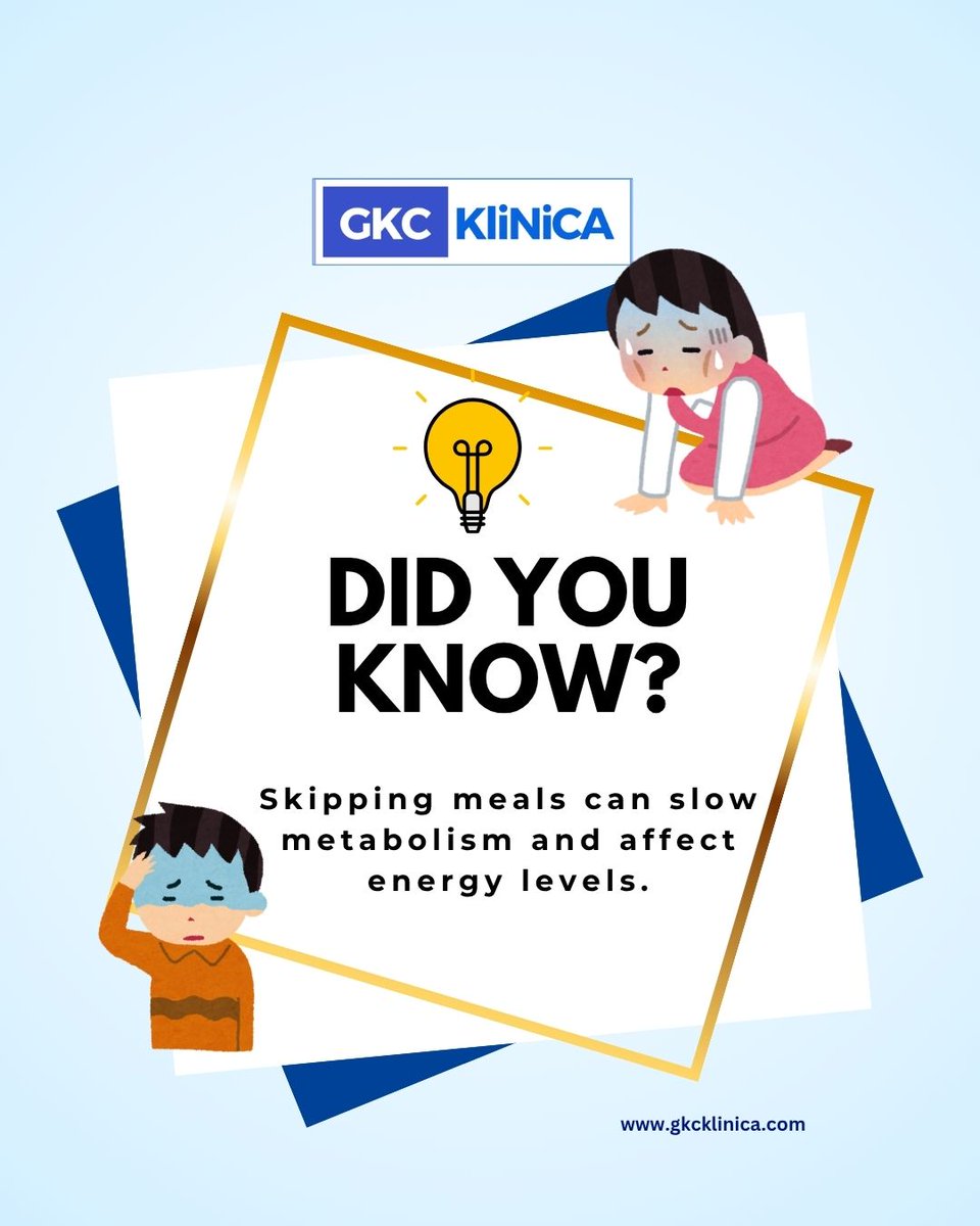 GkcKlinica's tweet image. Skipping meals might seem harmless, but it can drain your energy and slow your metabolism.
Fuel your body right, stay active all day. 💙

#DidYouKnow #HealthyEating #BalancedDiet #EnergyBoost #HealthyHabits #PreventiveCare #WellnessJourney