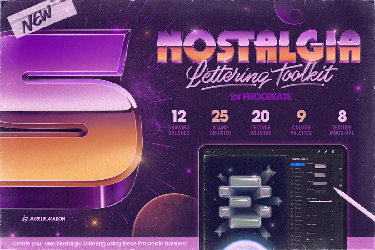 designeour's tweet image. #Nostalgia #Lettering Toolkit For #Procreate by Aurelie Maron designeour.com/nostalgia-lett…