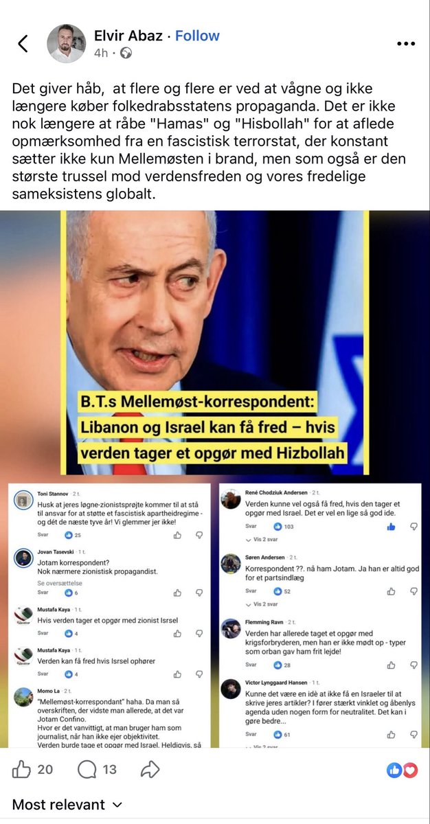 mrconfino's tweet photo. Den nu suspenderede politibetjent, Elvir Abaz, som byretten konkluderede ikke kunne holde fingrene fra politiets journaler og som er dømt for tjenestemisbrug, deler med stolthed modbydelige, racistiske og bagvaskende omtaler af mig under dække af Israel kritik.

Det, som andre er blevet dømt for at kalde mig, deler han ganske lystigt til sine følgere. Et kommentarspor han påstår er et eksempel på at den danske befolkning er “ved at vågne op.” Et kommentarspor der indeholder mere had, antisemitisme og bagvaskelse end noget andet jeg kan huske at have set siden 7 oktober.

Det er paradoksalt, at manden ikke forstår den danske lovgivning, eller måske er han bare ligeglad. Det er mig, han angriber og ikke de mange, mange, mange åbent hadende folk. Det er et aktivt valg, og det er tydeligt, hvor Abaz står.

Mange i BT tråden er ikke engang dygtige nok til at kamuflere det under det vanlige "anti-zionisme". Det er rent had mod jøder.

Det er ikke bare skamløst, at han stolt deler en så hadefuld tråd. Det er decideret uansvarligt, og illustrerer på bedste vis hvor dybt den 3. erkendelse stikker. Hvor omfattende et problem Danmark som samfund står over for.

Jeg tør slet ikke tænke på, hvordan man ville blive behandlet af den nu tidligere betjent, hvis man havde et jødisk - undskyld zionistisk - navn og kom i kontakt med ham.

"Men jødisk og zionistisk er ikke det samme,” har manipulatorerne forsøgt at overbevise danskerne om siden 7 oktober, hvor Zionist er blevet et skældsord, og som uomtvisteligt er en reference til jøder.

Det er røgslør som ses i de fleste kommentarspor på artikler der handler om Israel, Holocaust eller jøder og som for længst har afsløret som præcis dét det er; regulær antisemitisme. 

Er man i tvivl kan man med rette gå ind på den israelske ambassades Facebook og se kommentarsporet til seneste opslag om Holocaust mindehøjtidelighed i Israel. Eller også bare det kommentarspor Abaz henviser til.

Det er så ækelt, at det ikke er til at forstå, at det kun er 81 år siden, at nazister besatte Danmark og i Europa udryddede 6 millioner jøder.

Abaz har tilsyneladende forstået, at han er blevet afsløret og nu dømt, så nu er der ingen vej tilbage for ham. Det er bare trist for samfundet, at der skulle gå så lang tid, før vi fik øjnene op for det. Jeg tør ikke tænke på omfanget af den skade han har nået at udføre i de år han var hos Fyns Politi. Han er en skamplet på politiet og på alt hvad Danmark står for.

Men Abaz er langt fra at være en unik case når det kommer til had. Kommentarsporene er fuld af almindelige borgere på arbejdsmarkedet, der taler så åbenbart hadefuldt om mig og jøder. Det har været chokerende at se de sidste 2.5 år hvor dybt jødehadet stikker hos folk der sidder i offentlige stillinger overalt i landet.

Hvordan kan vi ikke se den direkte linje mellem den eneste politi beskyttede skole i Danmark og det had der udspiller sig her?

Adfærd som Abaz' kommer ikke bare ud af det blå. Det er årtier, hvor man har tilladt et omfattende had at vokse sig saa stort, at politiet bliver infiltreret af folk som Abaz. 

At politiet, tilsyneladende på ordrer fra cheferne, skal eskortere de mest hadefulde mennesker i Københavns gader uge efter uge, mens de synger slagsange, der opfordrer til drab og global intifada med Hamas flag og merchandise i hånden.

De har, godt hjulpet på vej af NGOer, politikere, og debattører, fået lov at sprede deres sygelige had under dække af “Israel kritik.” Selv når der direkte tales had med brug af ordet "jøde" er de hellige helt stille.

Det her handler om, at store dele af befolkningen nægter jøder deres eget hjemland.
