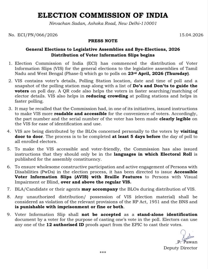 General Elections to Legislative Assemblies and Bye-Elections, 2026

Distribution of Voter Information Slips begins  ✅ 

Read more : eci.gov.in/eci-backend/pu…