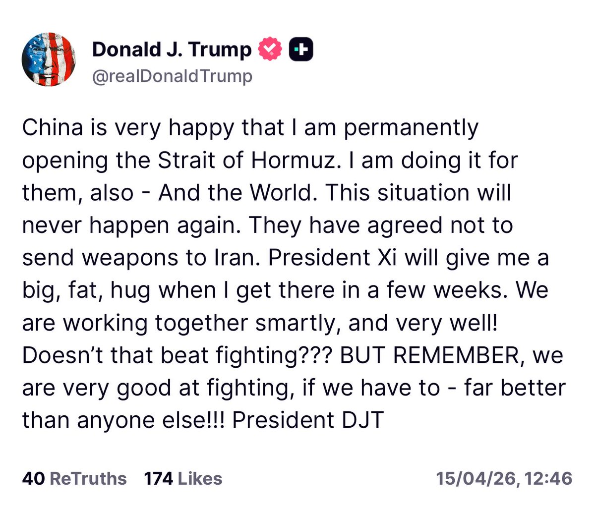 HarmeetSinghPk's tweet image. چین اس بات پر بہت خوش ہے کہ میں آبنائے ہرمز کو مستقل طور پر کھول رہا ہوں۔ میں یہ ان کے لیے بھی کر رہا ہوں — اور دنیا کے لیے بھی۔ یہ صورتحال اب دوبارہ کبھی پیش نہیں آئے گی۔ انہوں نے اس بات پر اتفاق کیا ہے کہ وہ ایران کو ہتھیار نہیں بھیجیں گے۔ صدر شی جن پنگ جب میں چند ہفتوں میں