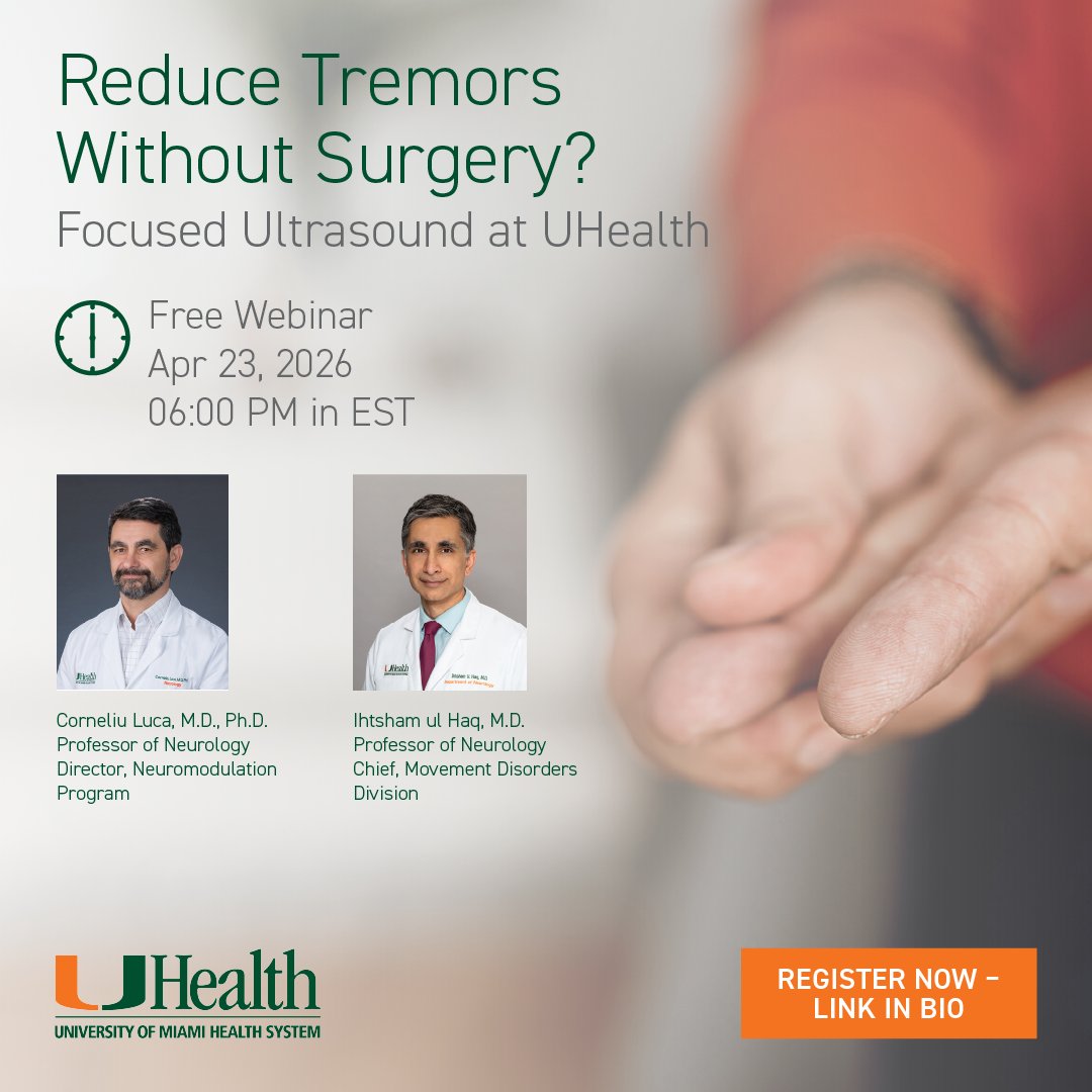 UMneurosurgery's tweet image. Do hand tremors interfere with daily life?
👋 This #ParkinsonsAwarenessMonth join UHealth Neurology experts for a free educational webinar exploring focused ultrasound, an #innovative, incisionless treatment option for essential tremor. Register here: miami.zoom.us/webinar/regist…