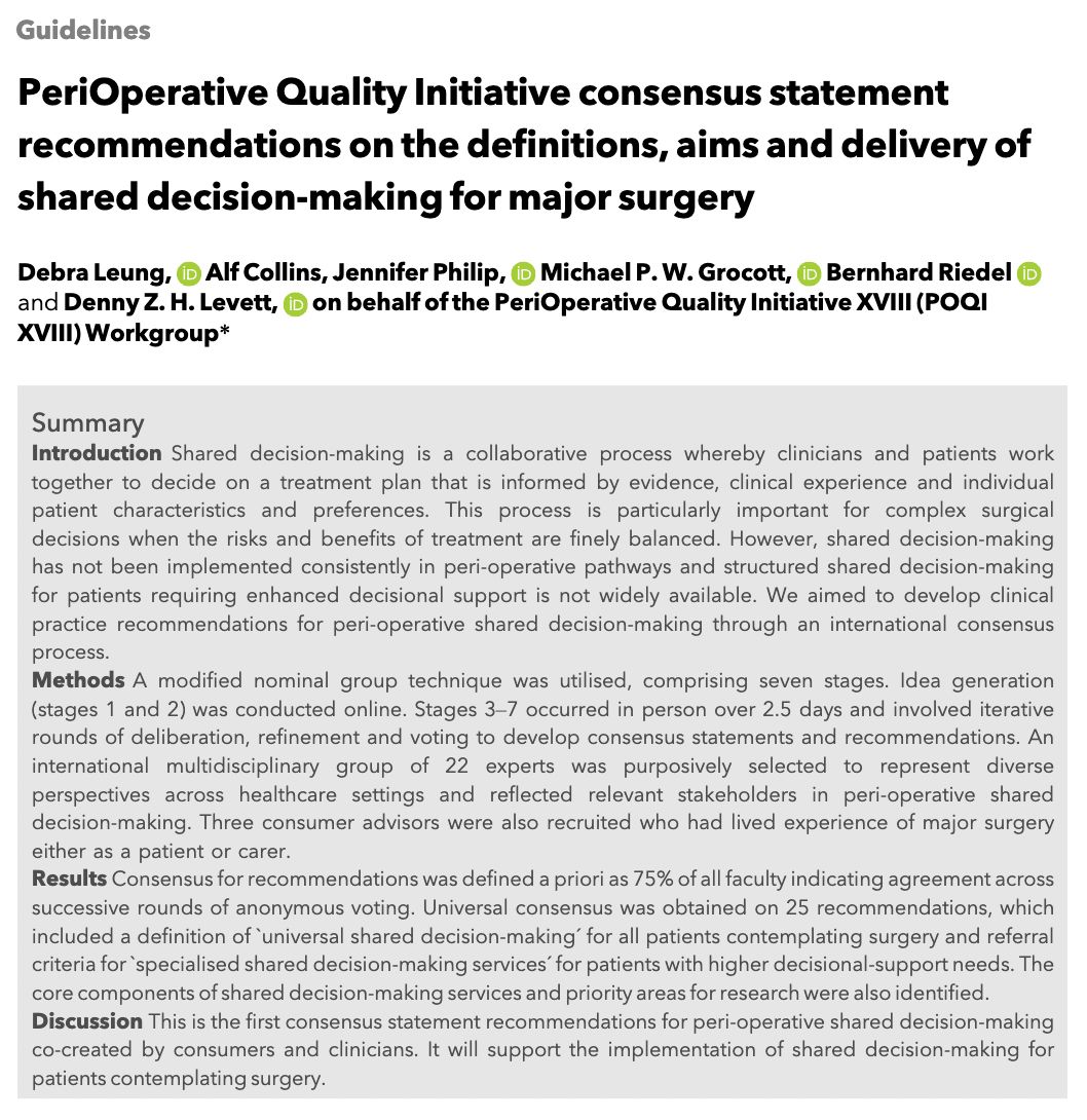 Anaes_Journal's tweet image. PeriOperative Quality Initiative consensus statement recommendations on the definitions, aims and delivery of shared decision-making for major surgery

#anaesthesia #MedTwitter #surgery

doi.org/10.1111/anae.7…