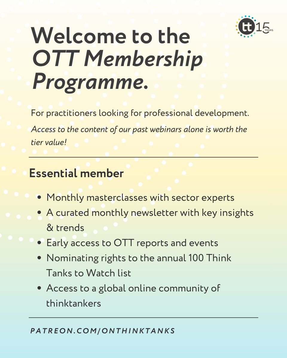 onthinktanks's tweet image. Something we've been building for a long time is finally here!

Today, On Think Tanks launches its #Membership Programme — and we're opening the doors to the first cohort of #thinktank professionals who want more than the sector has typically offered them: patreon.com/onthinktanks
